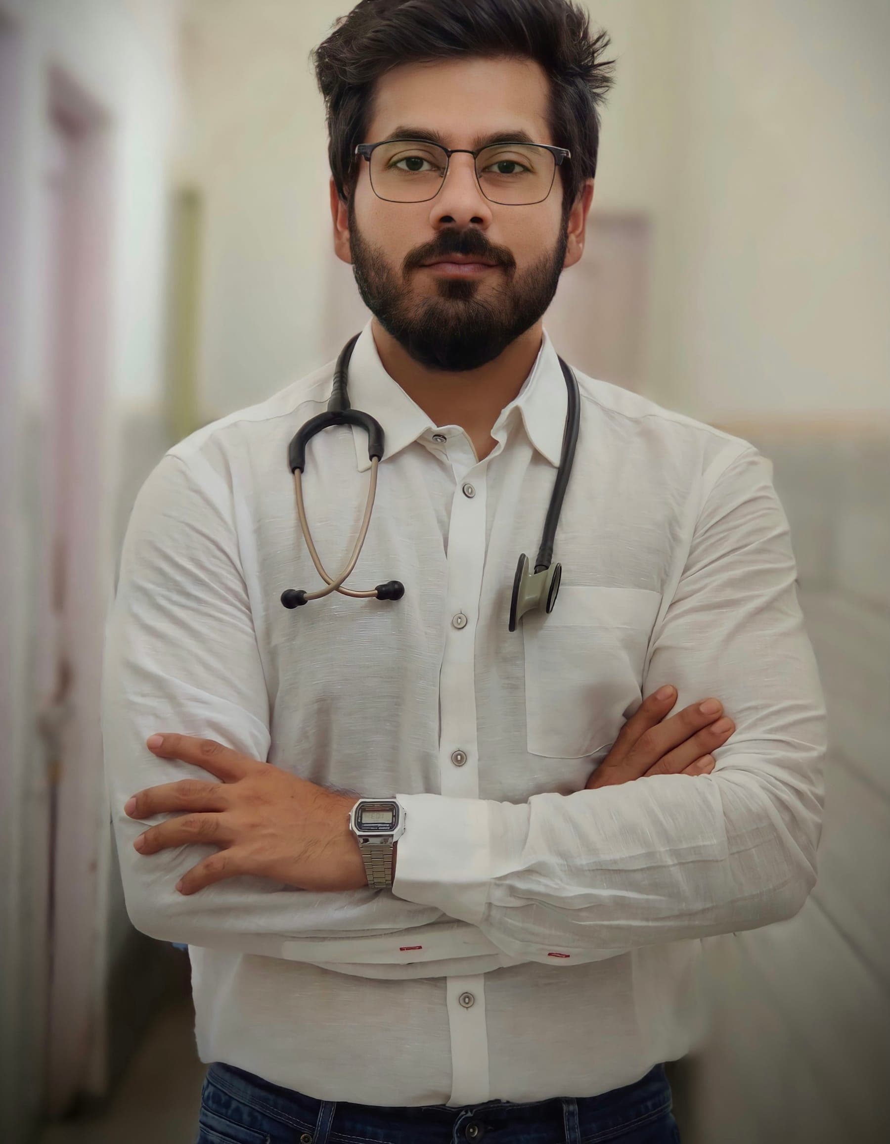 Portrait of Dr. Rohan Kapoor (sample profile) with arms crossed