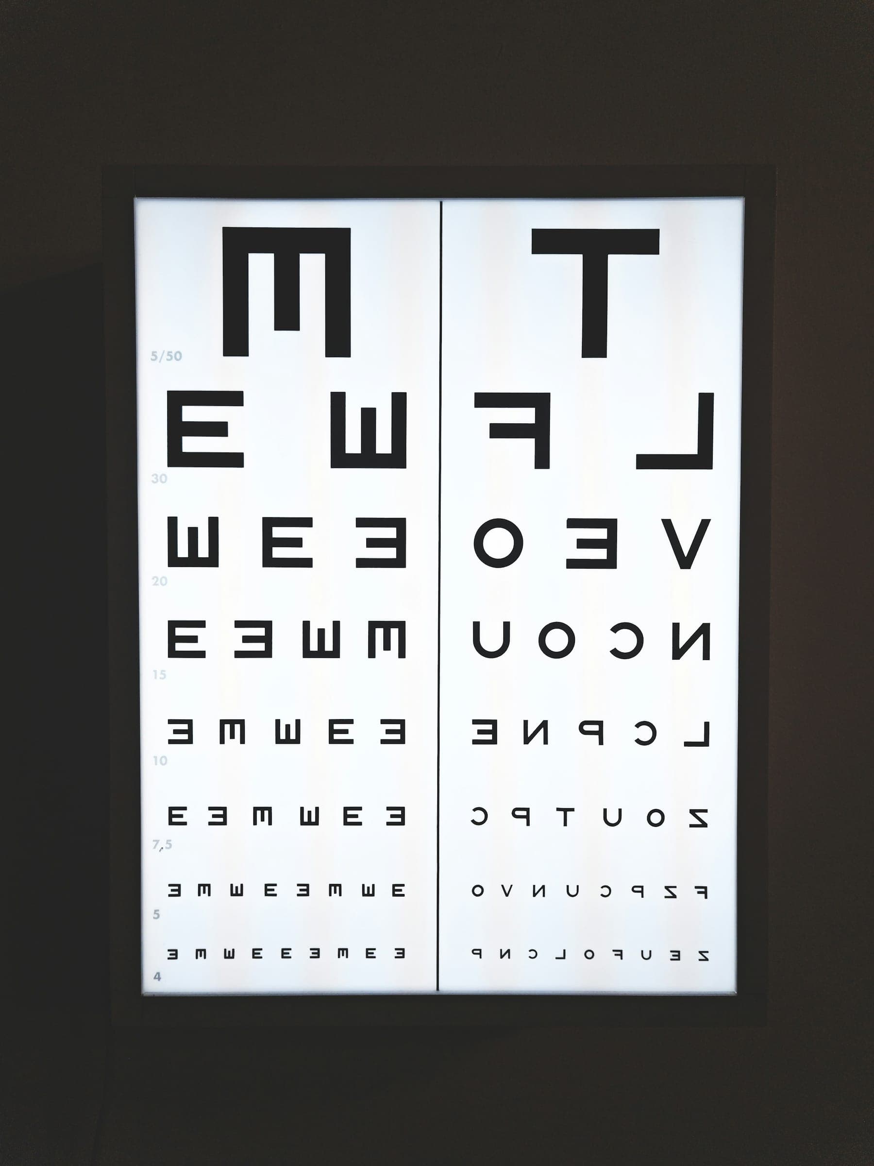 Illuminated eye chart on a dark wall