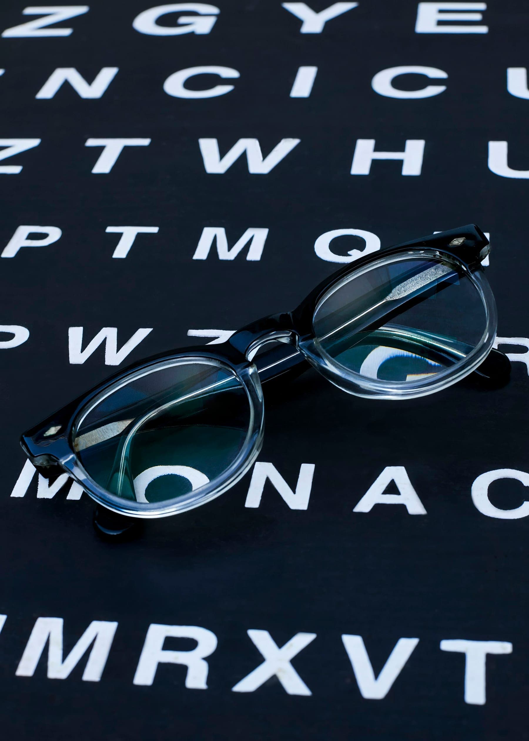 Glasses resting on a chart of letters